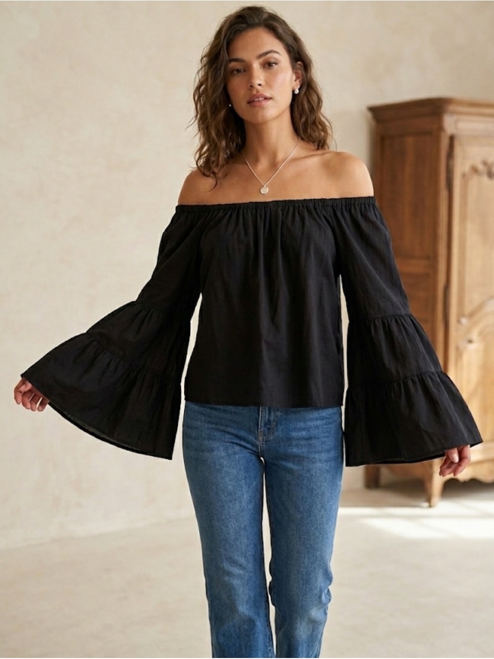 Anthropologie off-the-shoulder tiered blouse with bell sleeves